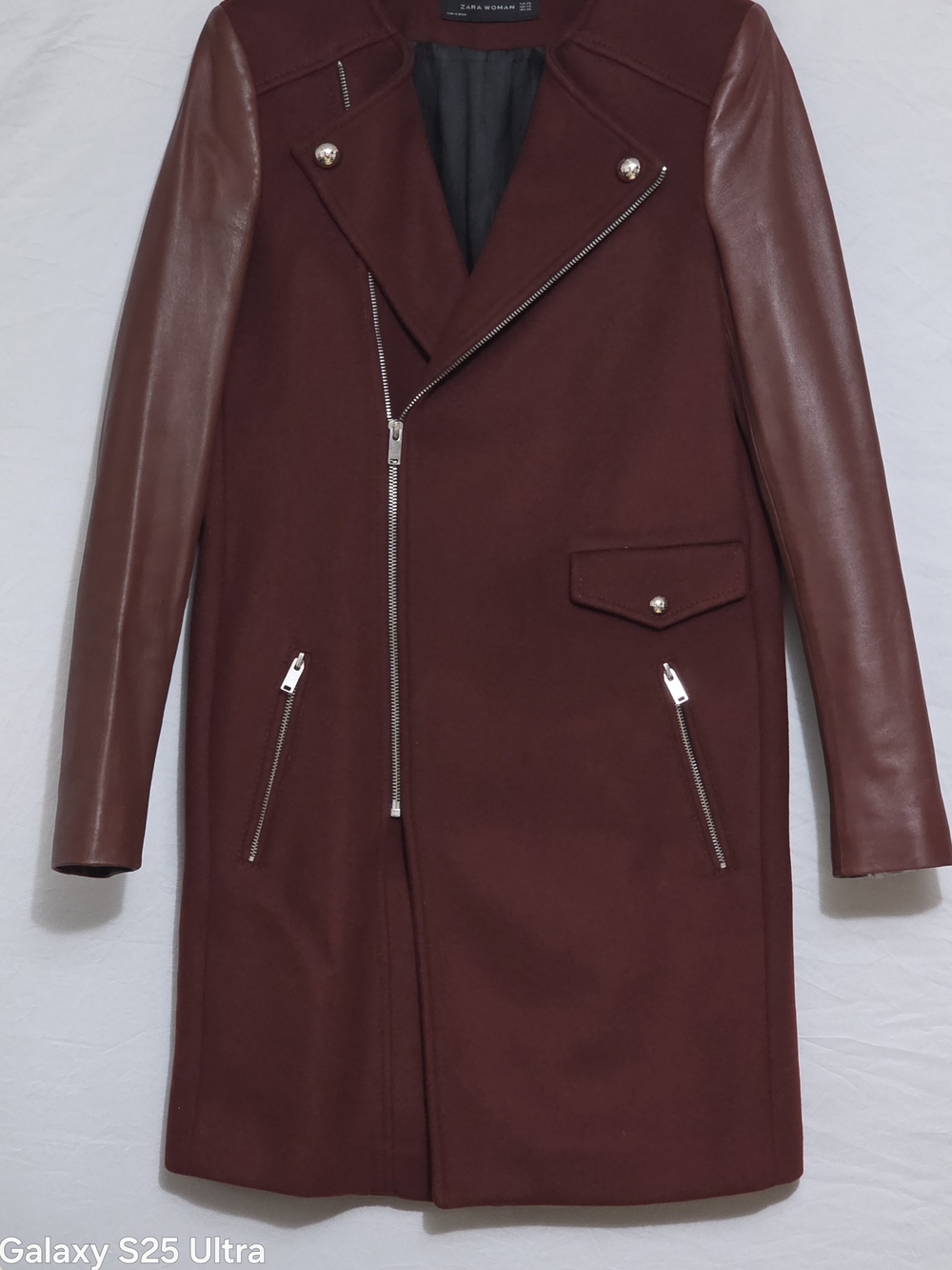 Zara Woman  Burgundy Wool & Lambskin Leather Sleeves Moto Coat (Size XS)